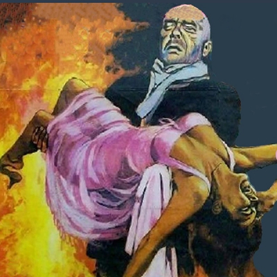 man holding woman with flames behind him