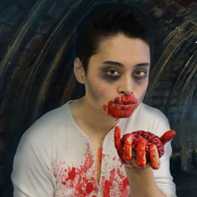 man with bloody hand/mouth