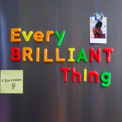 flyer mimicking a refrigerator door with magnets spelling the words "every brilliant thing", a photograph of a mother embracing a child and a post-it note with an ice-cream cone drawing on it.
