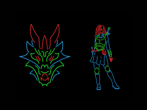 Neon dragon head and warrior