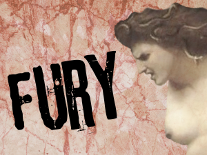 Greek statue with "fury" written over cracked background