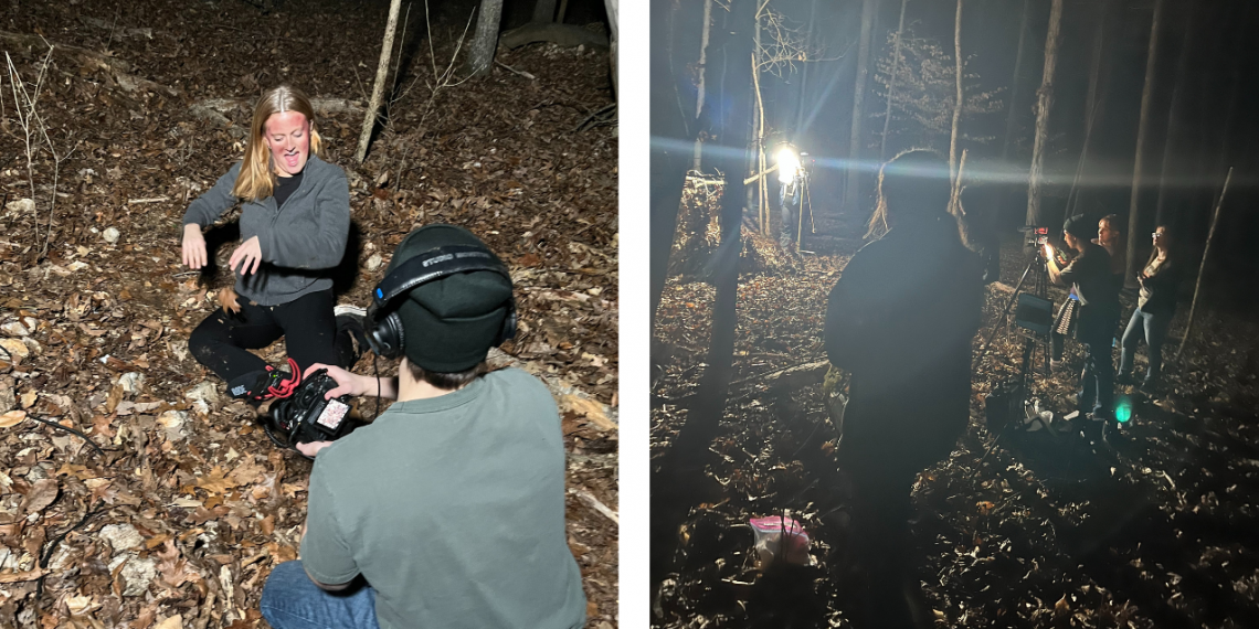 students filming scenes outside at night