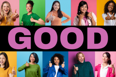 Play title "good" with images of people holding a thumbs up.