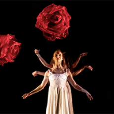 Woman in white dress surrounded by three giant roses