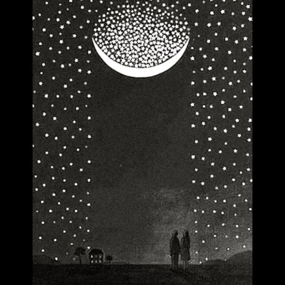 Black and white drawing of two people looking at the moon