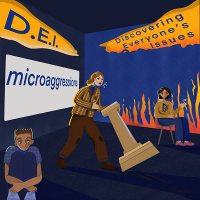 Cartoon of woman with podium and banners behind her reading "DEI, microaggressions, discovering everyone's issues"